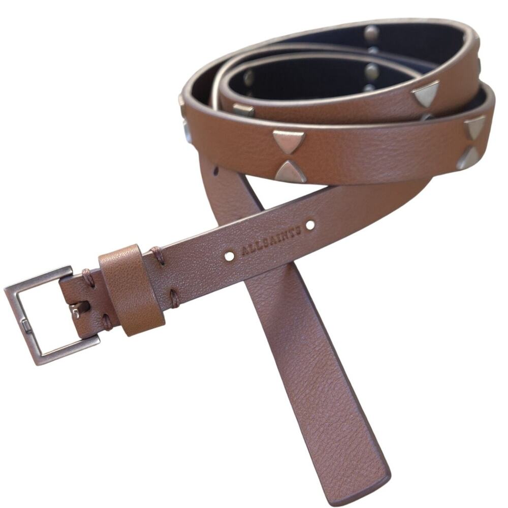 AllSaints Camel Studded Leather Belt Thin Pebbled Minimalist Moto Rocker